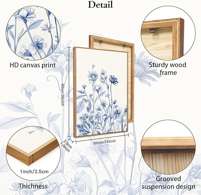 HLNIUC Vintage Blue Bird Flower Framed Canvas Wall Art,Large Chinoiserie Floral Wall Decor,Blue White Botanical Artwork Set of 3 (24x36),Watercolor Blossom Prints for Living Room,Bedroom,Office