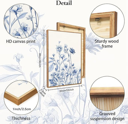 HLNIUC Vintage Blue Bird Flower Framed Canvas Wall Art,Large Chinoiserie Floral Wall Decor,Blue White Botanical Artwork Set of 3 (24x36),Watercolor Blossom Prints for Living Room,Bedroom,Office