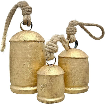 Vintage Metal Harmony Bells, Rustic Farmhouse Door Hanging Cow Bells, Gold Shabby Chic Christmas Decor, Bells for Christmas Wreath, Set of 3 with Jute Rope
