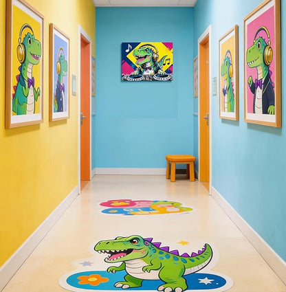 12x16 Pop DJ Dinosaur Canvas Wall Art Prints, Graffiti T-Rex Music Decor with Headphone & Turntable, Colorful Wall Painting for Teen Boy/Kids Bedroom, Child Home Painting Vibrant Hanging Game Poster