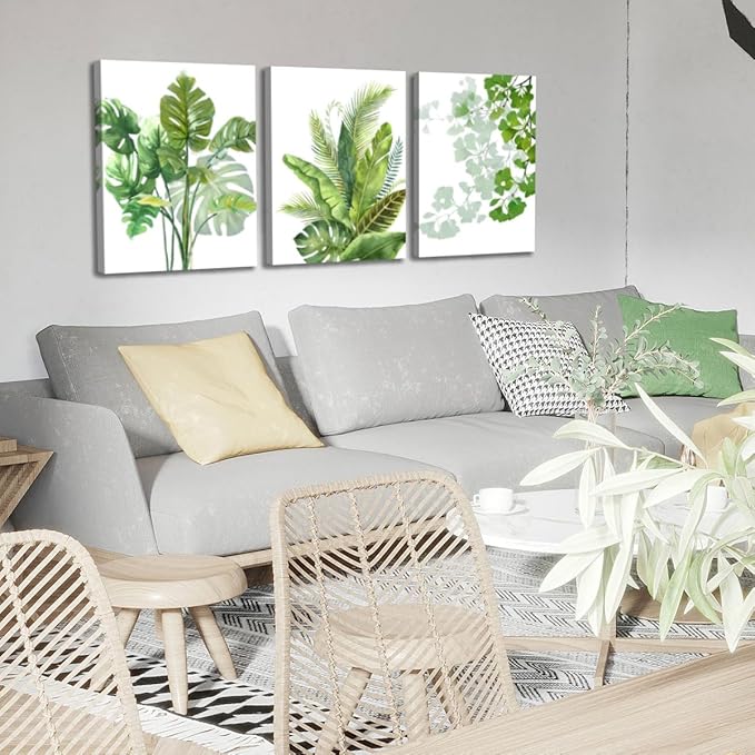 Enartly Green Leaf Wall Art Nature Plants Canvas Minimalist Leaves Prints Botanical Picture Tropical Floral Painting Artwork Framed for Bathroom Living Room Bedroom Office Home Decor 12"x16"x3
