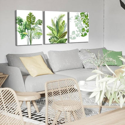 Enartly Green Leaf Wall Art Nature Plants Canvas Minimalist Leaves Prints Botanical Picture Tropical Floral Painting Artwork Framed for Bathroom Living Room Bedroom Office Home Decor 12"x16"x3