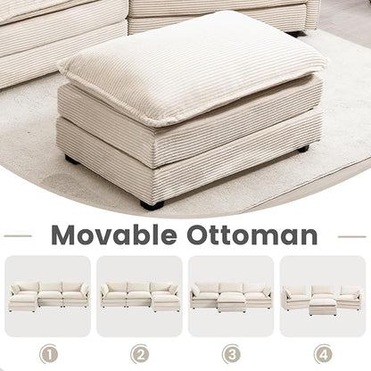 112'' Sectional Modular Cloud Couch, Oversized 5 Seat Couches U Shaped Sofa with 2 Movable Ottomans, 2 Throw Pillows, Upholstered Corduroy U Shape Comfy Deep Couches for Living Room and Office, Beige