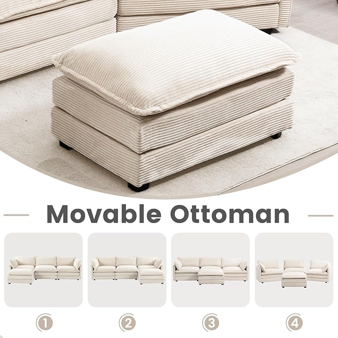 ROWHY Ottoman for Sectional Cloud Couch, Corduroy Ottoman for Deep Seat Modular Couch for Apartment, Living Room and Bedroom, Beige | Arrange Freedom