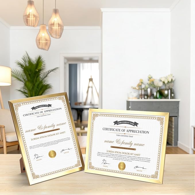 Hoikwo 14 Packs 8.5x11 Gold Multi Plastic Picture Frames Set with Plastic Cover, Certificate Frames for Document Diploma Award, Light Weight Bulk 8.5 by 11 Frames Pack for Wall Hanging and Table