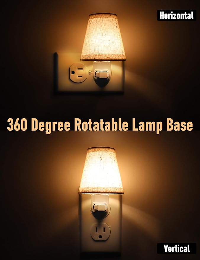Vintage Plug in Night Light with Switch, 2-Pack 0.5W LED Night Lights Plug into Wall Socket, Soft Warm Baby Nursery Nightlight with Linen Fabric Lamp Shade for Adult Kids Room Bathroom Hallway