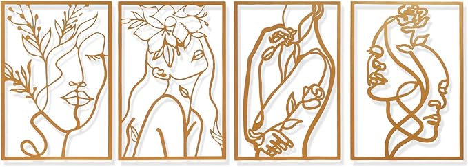 AMAATE Gold Metal Wall Art, 4 Pieces Minimalist Woman Face Line Art Sculpture, Hollowed Out Floral Female Portrait Metal Hanging Decor for Living Room Bedroom Bathroom 17.7" X 26.4" in