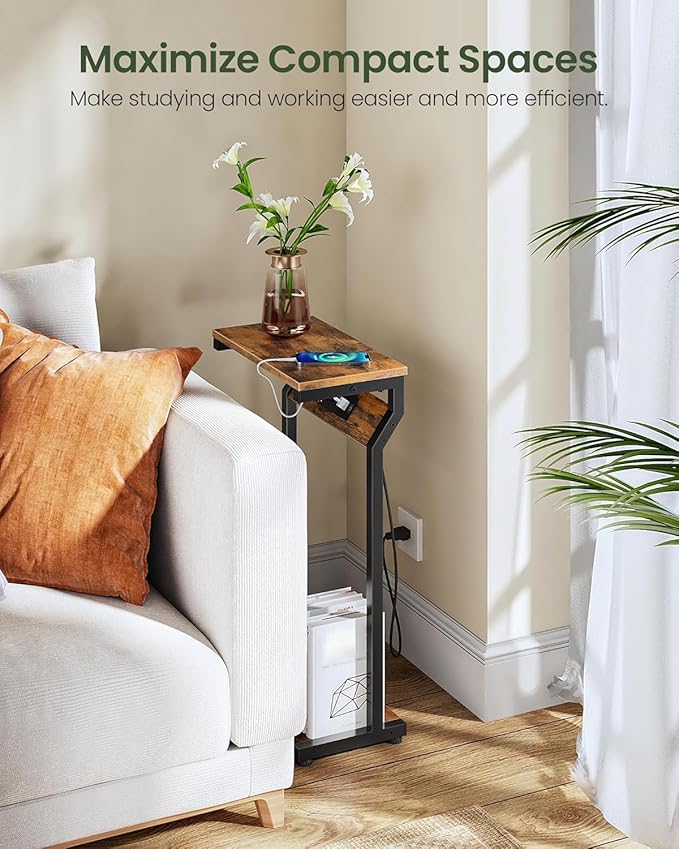 CHOEZON Narrow Side Table with Charging Station, 27" Skinny End Table for Small Spaces, Couch Table with Storage, Slim Tray Table with USB Ports, for Living Room, Bedroom, Black TBZ27UBB