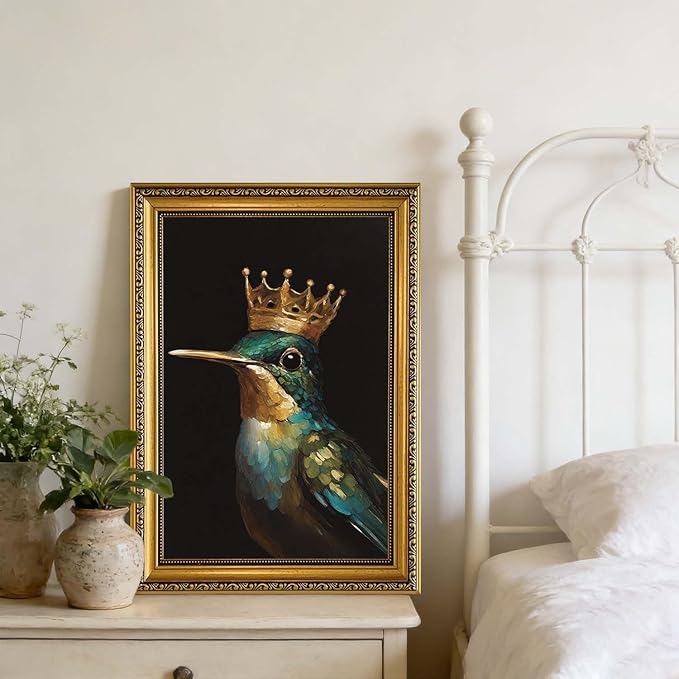 YD&YZY Gold Framed Vintage Wall Art Canvas Hummingbird Birds King Wall Decor Retro Golden Wall Prints Cute Animal Painting Picture Print Artwork for Bedroom Living Room Bathroom 16x24 inch Framed