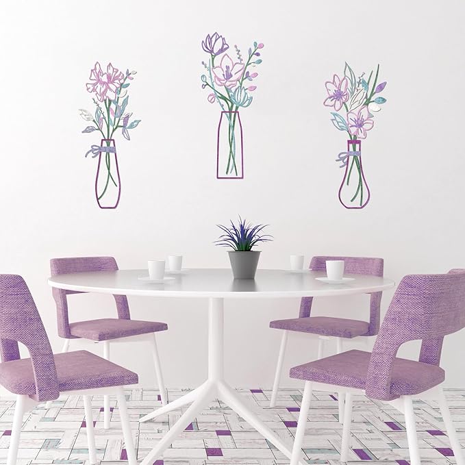 Zzbakress 3 Pcs Metal Flowers Wall Arts Rustic Farmhouse Decor Bathroom Wall Decor Metal Wall Decor for Living-room Dining-Room Kitchen Minimalist Decor Housewarming Gifts(Pink Purple)