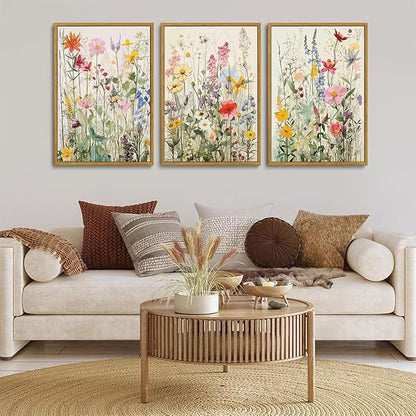 KISSFOX 3 Piece Watercolor Wildflower Botanical Framed Wall Art Colorful Floral Canvas Art Prints Boho Flower Pictures Wall Decor Modern Minimalism Paintings Artwork Girls Bedroom Living Room Bathroom