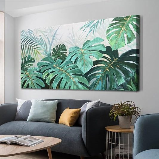 Enartly Tropical Green Leaf Canvas Wall Art Monstera Palm Leaf Painting Jungle Plant Botanical Picture Nature Artwork Print Framed for Living Room Bedroom Bathroom Office Home Decor, Large 40"x20"