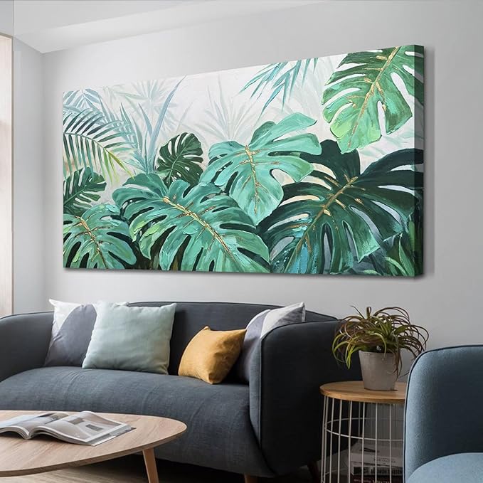 Enartly Palm Green Leaf Canvas Wall Art for Living Room, Monstera Tropical Leaf Painting Jungle Plant Picture Nature Artwork Print Framed Bedroom Hallway Office Home Decor, Large 48"x24"