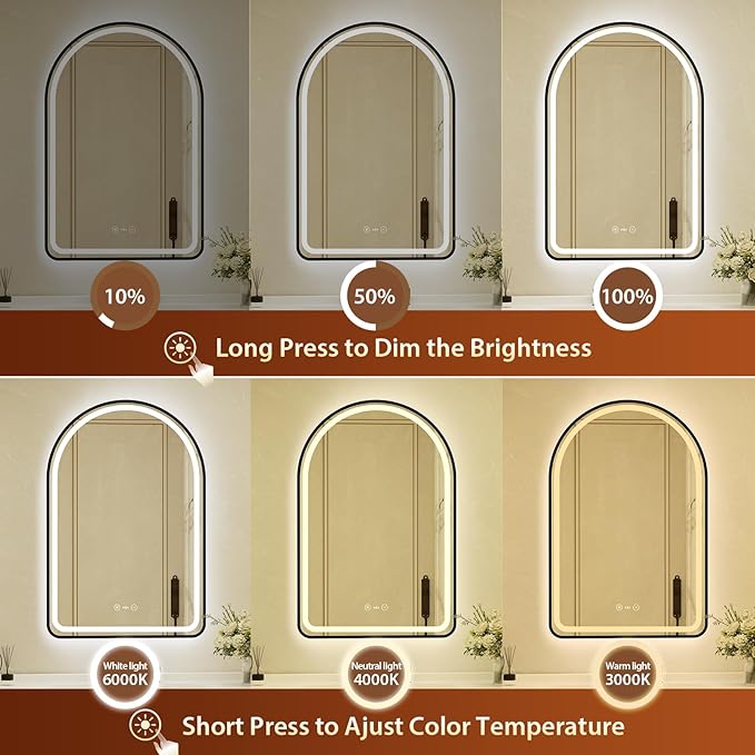 24x36 Inch Arched Black Framed LED Bathroom Mirror with Lights,Smart Bathroom Mirror,Motion Sensor,Tempered Glass,Anti-Fog,Stepless Dimmable & 3 Colors,Memory,Vanity Mirror for Wall