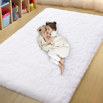 qulint 4x6 Area Rug for Bedroom, Fluffy Soft Shag White Carpet for Living Room Small Fuzzy Nursery Rug, Plush Shaggy Modern Alfombras for Boys and Girls Dorm Kid Room Home Decor (4ft x 6ft, White)