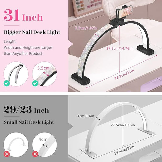 Half Moon Manicure Table Light: 31-inch Half Moon Light For Nail Desk With Phone Holder - AB Crystal Nail Tech Lamp For Beginner DIY - 48W Professional Nails Bright Desk Lamp for Salon,Lash,Tattoo