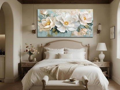 Enartly White Flowers Canvas Wall Art, Natural Plant Painting Textured Artwork for Living Room Bedroom Hallway Kitchen Dining Room Home Office Wall Decor, 58"x29"