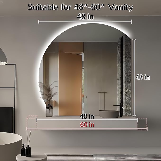 Niccy 48" LED Bathroom Mirror with Lights, Half Moon Led Mirrors, Irregular Backlit Mirrors for Entryway, Anti-Fog, Dimmable, Makeup Mirror, Explosion Proof, Round Lighted Vanity Mirrors, White Light