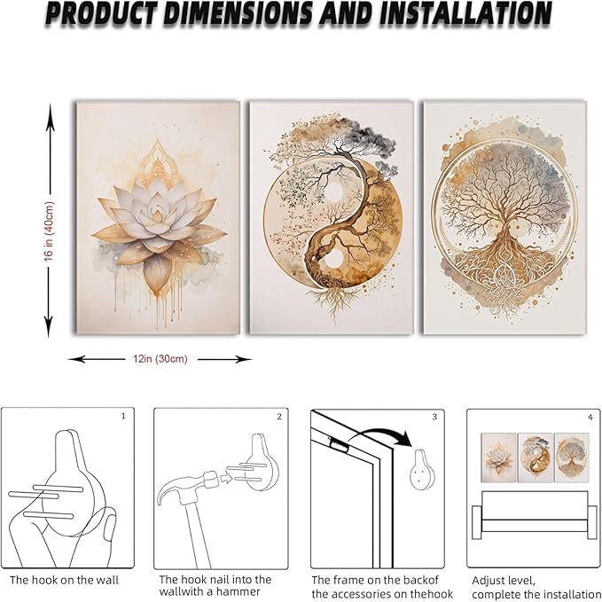 AOYUSMO 3 Piece 3 Piece Tree of Life Wall Art Zen Wall Decor Yoga Room Canvas Art Modern Gold Lotus Flower Pictures Spiritual Meditation Paintings Spa Artwork For Living Room Bathroom
