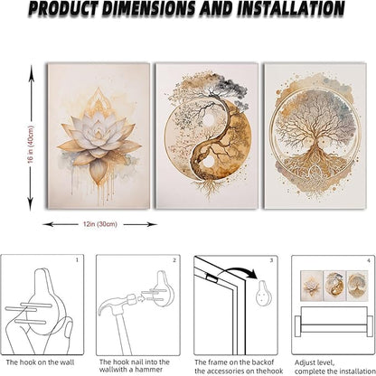 AOYUSMO 3 Piece 3 Piece Tree of Life Wall Art Zen Wall Decor Yoga Room Canvas Art Modern Gold Lotus Flower Pictures Spiritual Meditation Paintings Spa Artwork For Living Room Bathroom