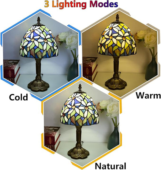 Tiffany Style Table Lamp, 3 Color Temperatures Bedside Lamp, 8 Inch Stained Glass Desk Light for Home Office Bedroom Living Room (White Petal Pattern)