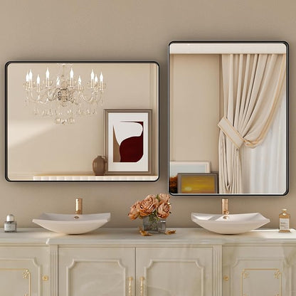 24x32 Inch Black Framed Bathroom Mirror,Matte Metal Frame Vanity Mirror,Round Corner,Farmhouse,Decorative Wall Mounted Rectangle Mirror