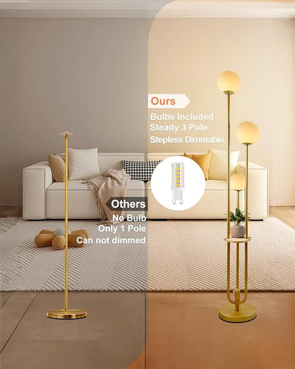 Lightdot 63IN Dimmable Gold Floor Lamp with Shelf Mid Century Standing Lamps with 3000K Bulbs Included Modern Globe Floor Lamp with 5Lbs Heavy Base for Living Room/Party/Sofa Beside/Corner Decor