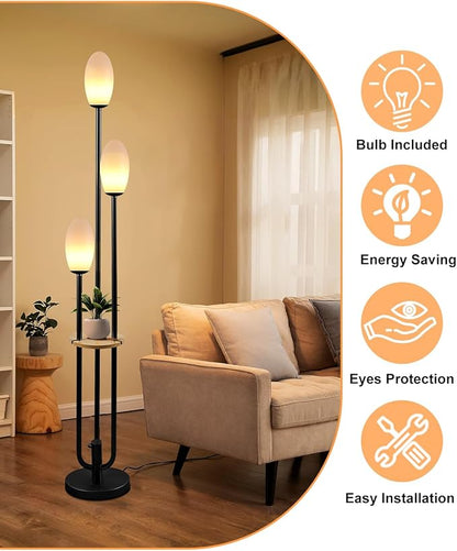 Black Dimmable Floor Lamp with Table, Unique Tall Standing Lamps with 3000K G9 Bulbs for Reading, Mid Century Modern Floor Lamp with 5Lbs Heavy Base for Living Room Bedroom Office