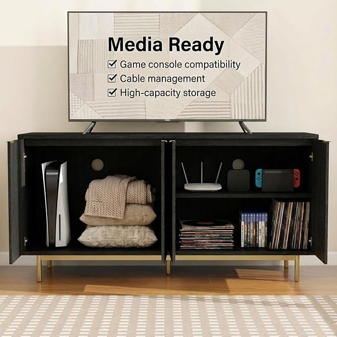Vipbear 58 Inch Black TV Stand for 65 Inch TV, Modern Fluted Media Console Table with 4 Doors, Large Entertainment Center with Storage, Black Sideboard Buffet Cabinet for Dining Room and Living Room