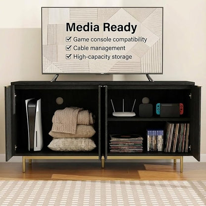 Vipbear 58 Inch Black TV Stand for 65 Inch TV, Modern Fluted Media Console Table with 4 Doors, Large Entertainment Center with Storage, Black Sideboard Buffet Cabinet for Dining Room and Living Room