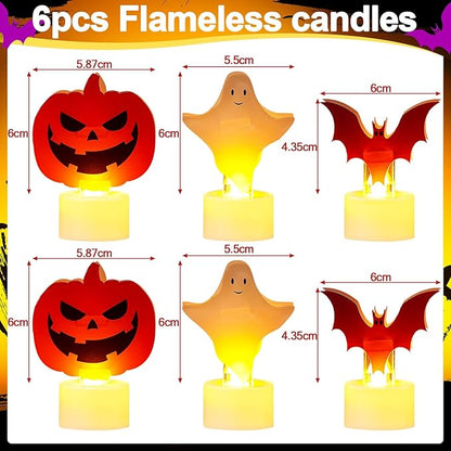 Tuanse 6 Pcs Halloween Flameless Candles Battery Operated LED Tealight Candles Pumpkin Bat Ghost Halloween Decorations for Home Indoor Table Centerpiece Party Decor