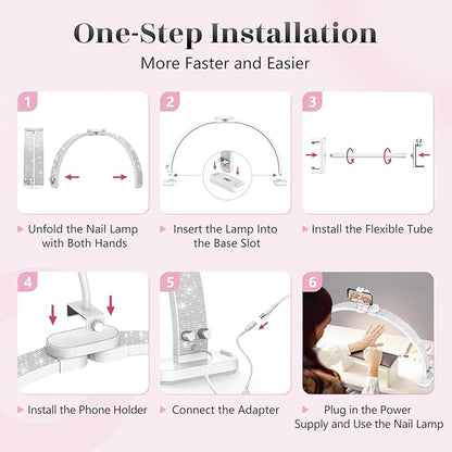 LIONVISON Half Moon Light for Nail Desk: 31-inch Manicure Table Light with Phone Holder for Beginner DIY - 48W Professional Half Moon Lamp for Nail Tech,Eyelash,Makeup,Tattoo