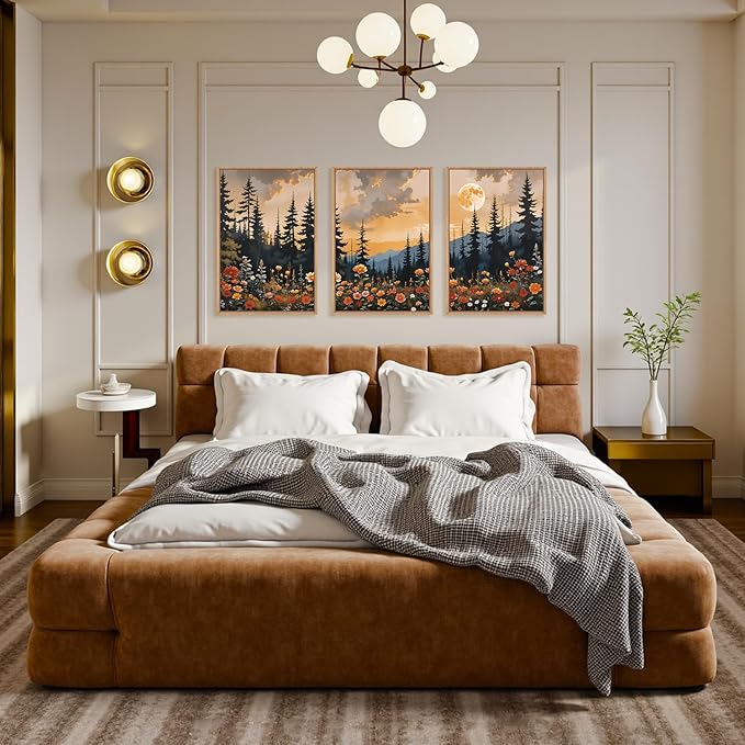 KAIRNE Mountain Wildflower Landscape Framed Canvas Wall Art Set,Vintage Moon Pine Tree Wall Decor,Rustic Forest Art Prints,Retro Scenery Artwork for Living Room,Bedroom,Farmhouse,Office-16 x24 x3