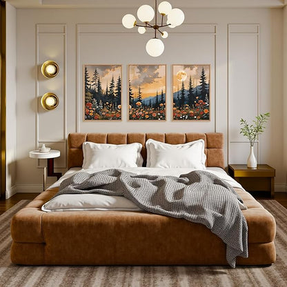KAIRNE Mountain Wildflower Landscape Framed Canvas Wall Art Set,Vintage Moon Pine Tree Wall Decor,Rustic Forest Art Prints,Retro Scenery Artwork for Living Room,Bedroom,Farmhouse,Office-16 x24 x3