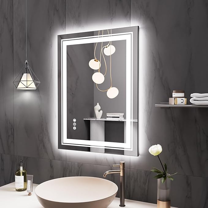 Snowdool 28" x 20" LED Bathroom Mirror with Lights, Front and Backlit Mirror, Anti-Fog Lighted Vanity Mirror, Stepless Dimmable, 3 Colors LED Mirror (Horizontal/Vertical)
