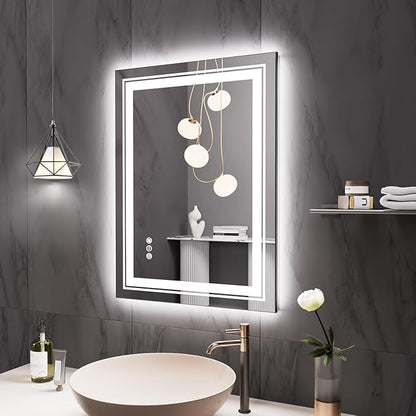 Snowdool 28" x 20" LED Bathroom Mirror with Lights, Front and Backlit Mirror, Anti-Fog Lighted Vanity Mirror, Stepless Dimmable, 3 Colors LED Mirror (Horizontal/Vertical)