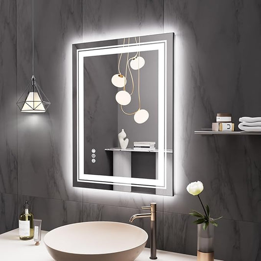 Snowdool 28" x 20" LED Bathroom Mirror with Lights, Front and Backlit Mirror, Anti-Fog Lighted Vanity Mirror, Stepless Dimmable, 3 Colors LED Mirror (Horizontal/Vertical)