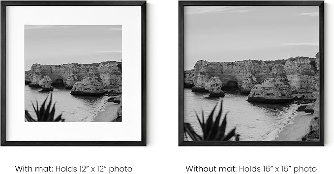 HAUS AND HUES 16x16 Black Metal Picture Frames Matted to 12x12 - Features Premium Aluminum & Hanging Hardware, Shatterproof Plexiglass - Ideal for Home, Room, Office (16x16 in, Black, Set of 4)