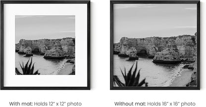 HAUS AND HUES 16x16 Black Metal Picture Frames Matted to 12x12 - Features Premium Aluminum & Hanging Hardware, Shatterproof Plexiglass - Ideal for Home, Room, Office (16x16 in, Black, Set of 4)