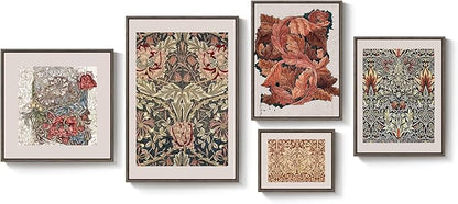 Framed William Morris Gallery Wall Art Set of 5, Vintage Colorful Botanical Floral Prints, Retro Boho Artwork for Living Room, Bedroom, Home Office, Hallway Decor