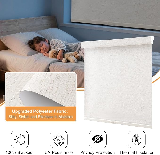 AOSKY No Drill Cordless Blackout Roller Shades with Valance,Customize Blinds for Indoor Windows,Room Darkening Window Shades Pull Down with Free-Stop Spring System, UV Protection for Home Linen Cream