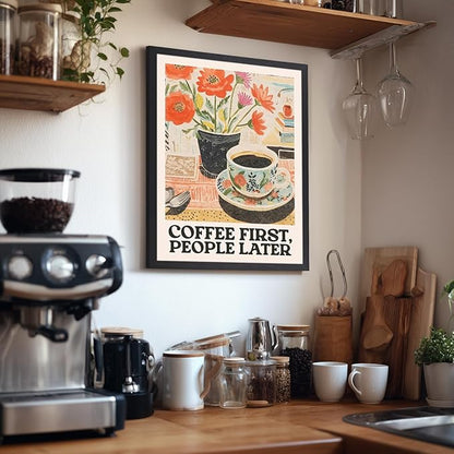 GELDSTEI Wood Framed Retro Coffee Wall Art, Vintage Cafe Wall Decor, Coffee First People Later Canvas Painting, Classical Cafe Bar Poster Print for Kitchen Dining Room Home Office 12x16 Inch