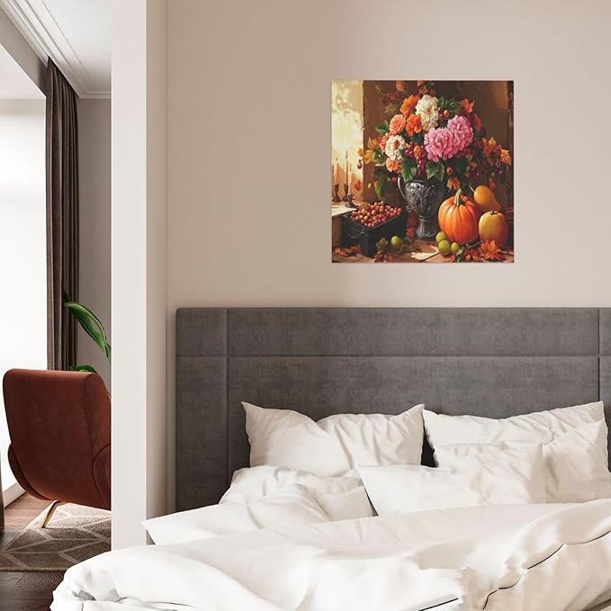 LB Vintage Kitchen Wall Art Pink and White Flower and Orange Pumpkin Floral Canvas Wall Art Modern Aesthetic Wall Decor for Living Room Restaurant Home Decoration Framed Ready to Hang 12L x 12W