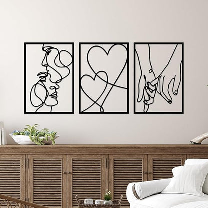 3 Pieces Metal Minimalist Line Wall Art, Valentine's Day Lover Kiss Hand Metal Wall Decor, Aesthetic Modern Home Hanging Wall Art Decor for Bedroom Bathroom Living Room