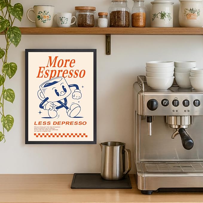 GELDSTEI Wood Framed Cute Coffee Wall Art, More Espresso Less Depresso Wall Decor, Funny Coffee Bar Aesthetic Picture, Vintage Cafe Bar Poster Print, Retro Cafe Cup Canvas Painting for Kitchen 16x24 Inch