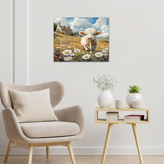 LB Rustic Farmhouse Cow Wall Art Vintage Wildflower Daisy with Green Tree Canvas Wall Art Blue Sky White Cloud Wall Decor for Living Room Bedroom Bathroom Office Framed Ready to Hang 12L x 12W