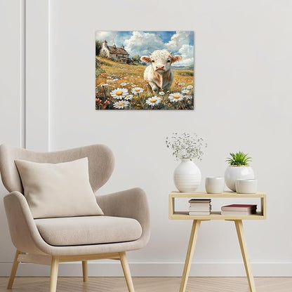 LB Rustic Floral Cow Wall Art Vintage Farmhouse Cabin Animal Daisy Canvas Wall Art White Flower Wall Decor for Living Room, Bedroom, Office - Ready to Hang 12x16 Inches