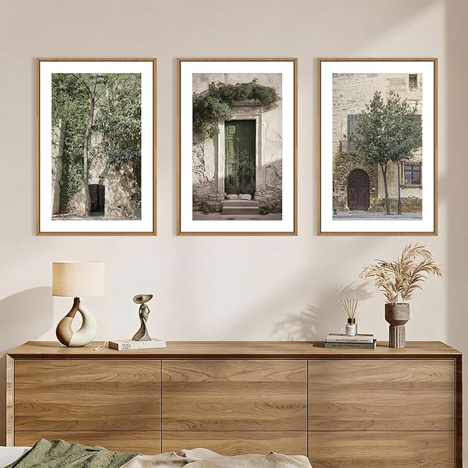 HOURIA Vintage Italy City Landscape Framed Canvas Wall Art Set,Sage Green Olive Tree Old House Wall Decor,Modern Mediterranean Country Cityscape Artwork for Living Room,Bedroom,Farmhouse- 24"x36"x3
