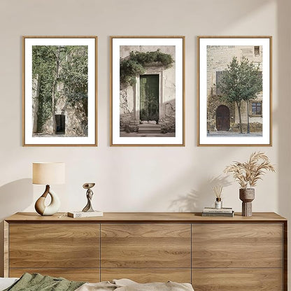 HOURIA Vintage Italy City Landscape Framed Canvas Wall Art Set,Sage Green Olive Tree Old House Wall Decor,Modern Mediterranean Country Cityscape Artwork for Living Room,Bedroom,Farmhouse- 24"x36"x3