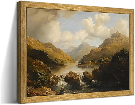 Framed Vintage Landscape Wall Art Home Decor, Retro Mountain Vintage Painting Prints, Countryside Farmhouse Landscape Wall Decor, Canvas Wall Art for Living Room Bedroom Home Bathroom Decor 16x24 Inch